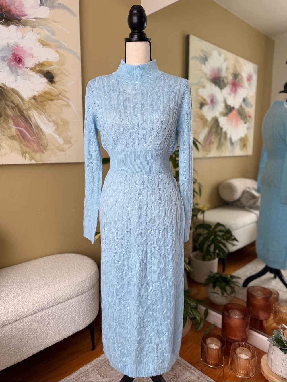 ** NWOT ** Light Blue Cable Knit Long Sleeve Midi Dress XS